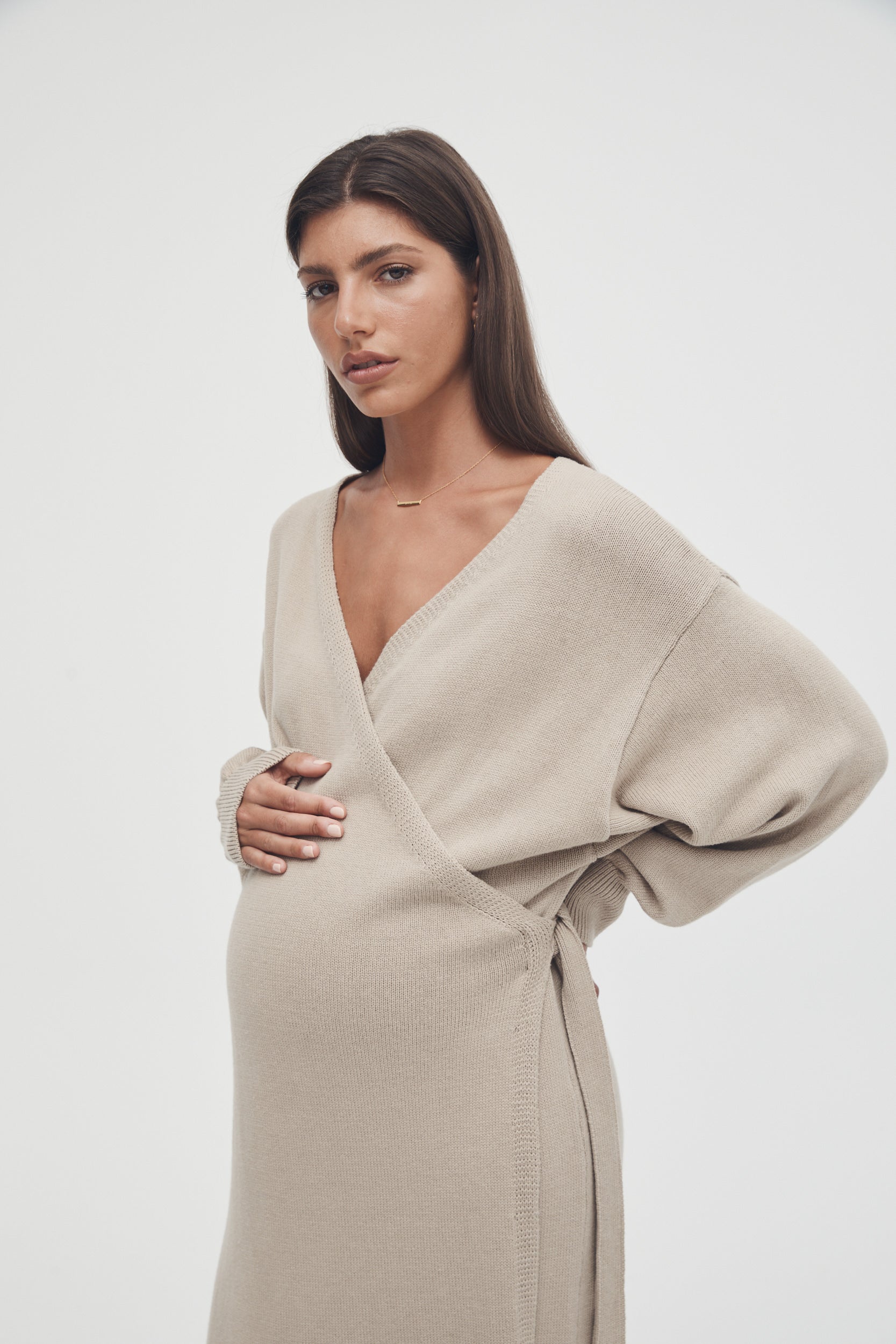 Knit Cotton Wrap Dress (Wheat)