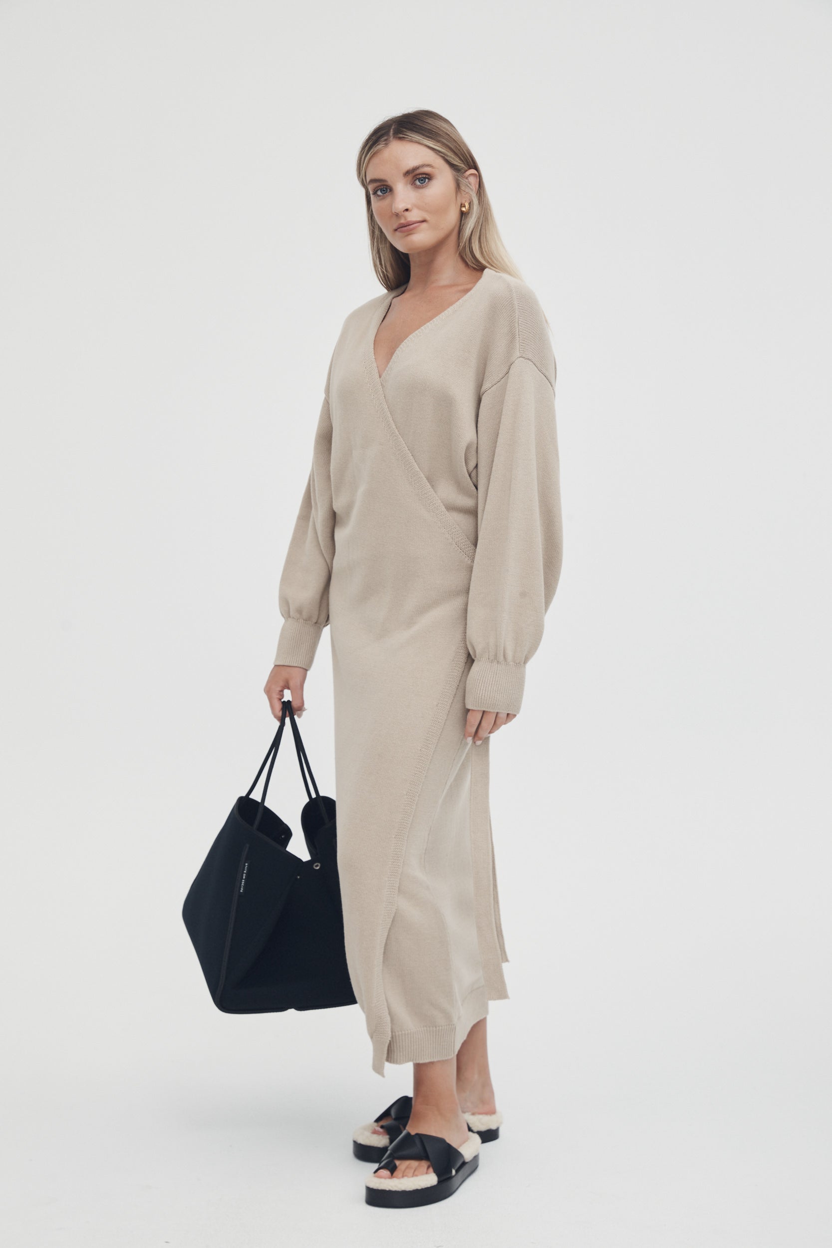 Knit Cotton Wrap Dress (Wheat)