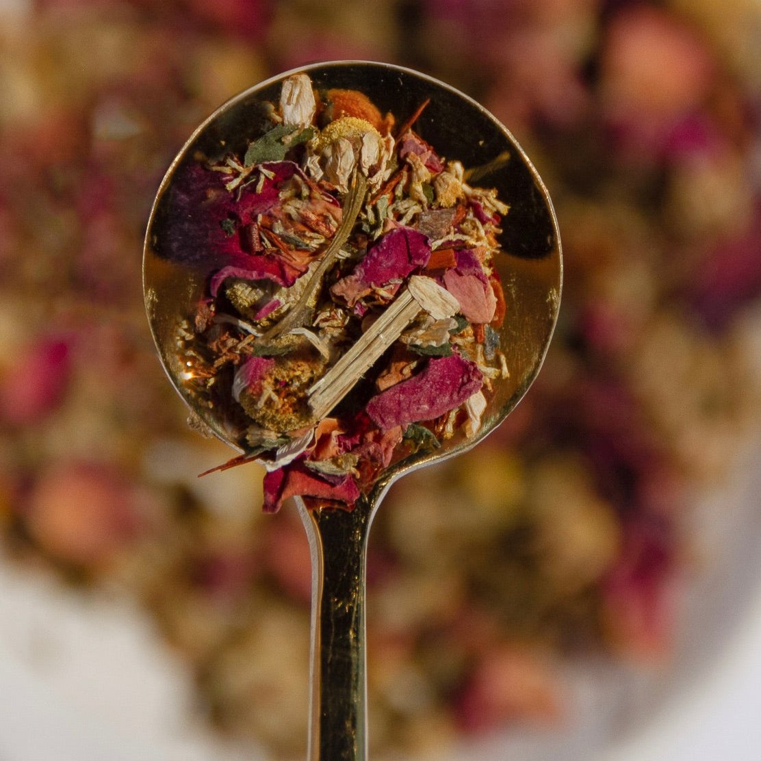 Love Tea, Nurtur Tea Sleep blend loose leaf on gold spoon
