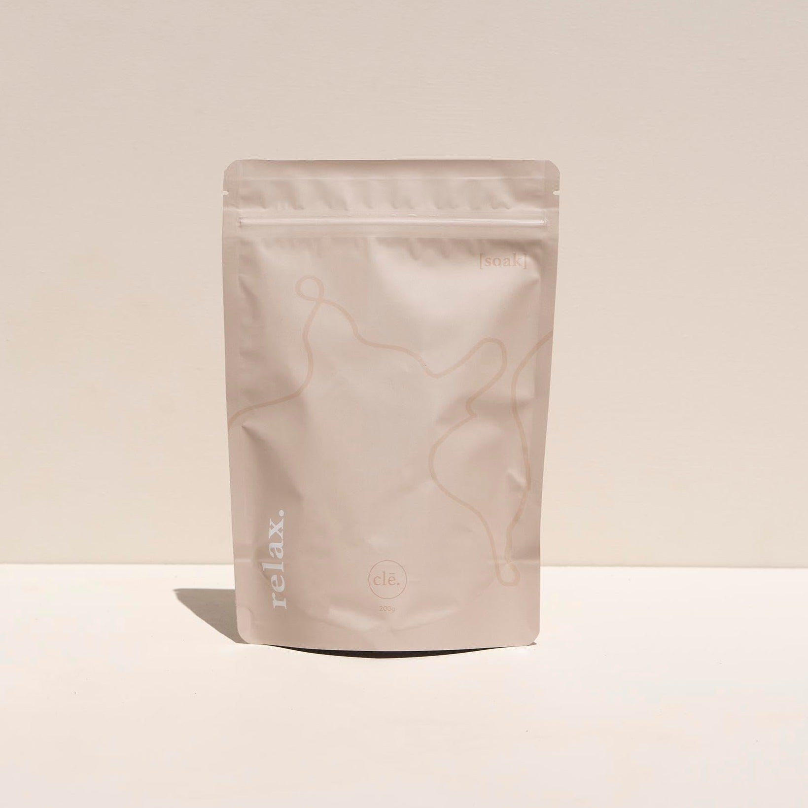 packet of cle naturals relax bath salts standing upright against neutral background 